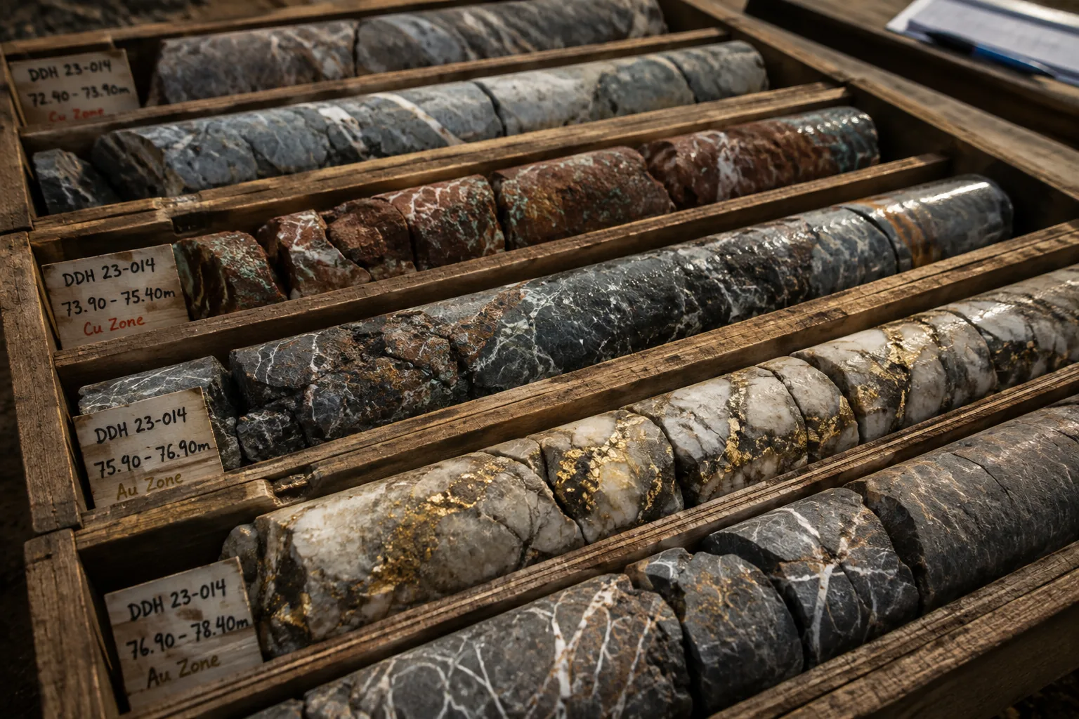 Mineral core samples arranged for geological logging