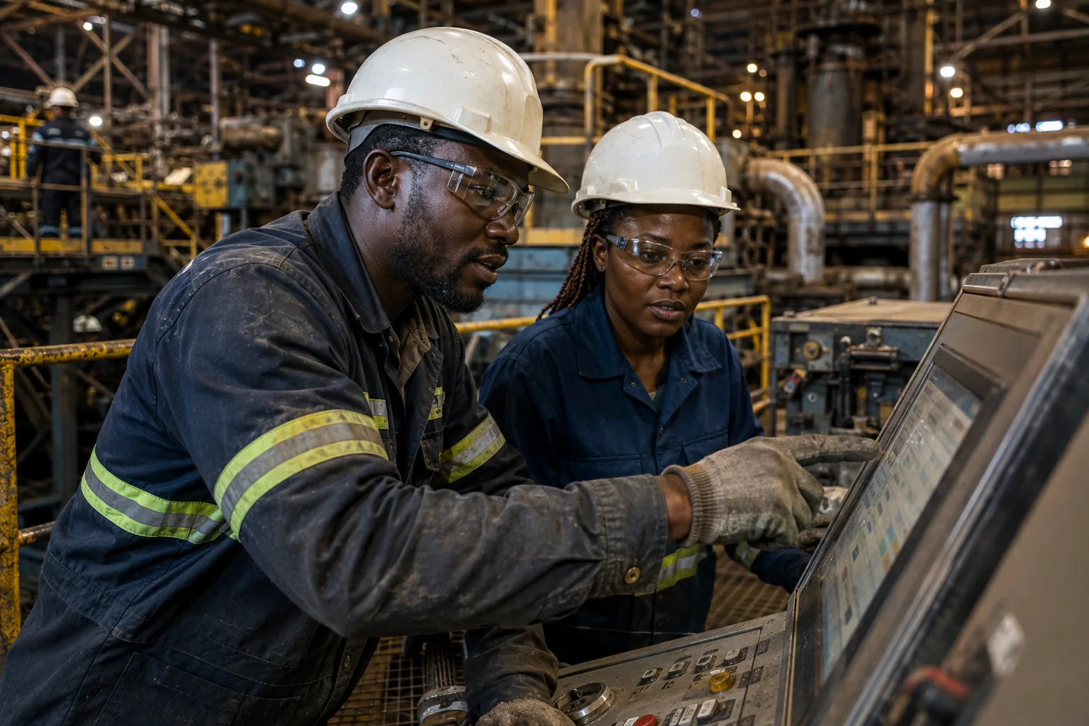 Two engineers reviewing processing controls on an industrial site