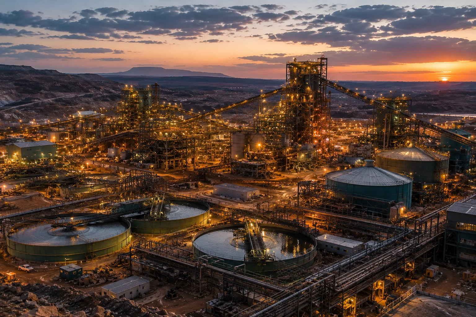 Mineral processing plant at sunset